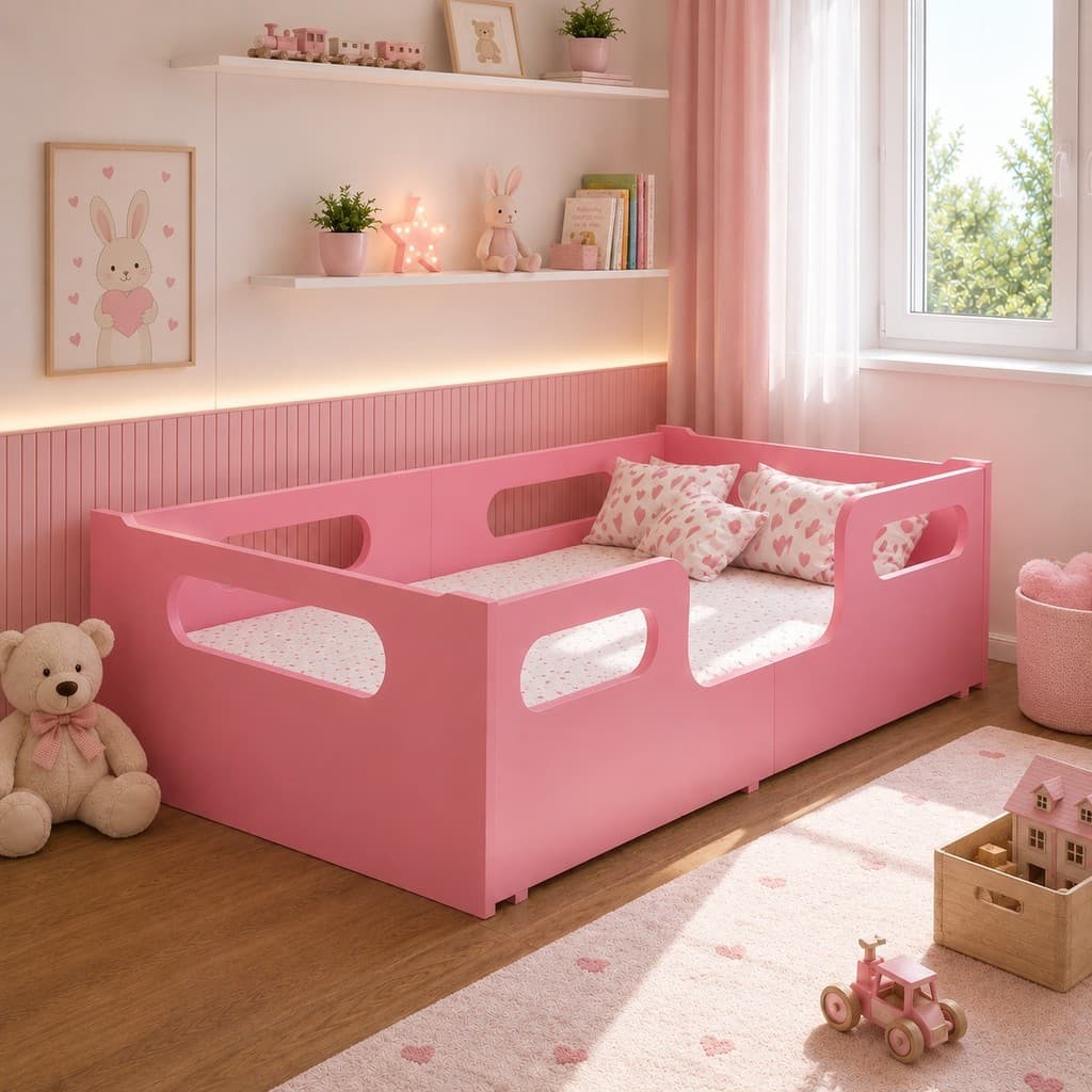 Cama Encanto Rosa Sem Colchão Montessoriana Infantil Seguro Com Grade De Proteção Confortável