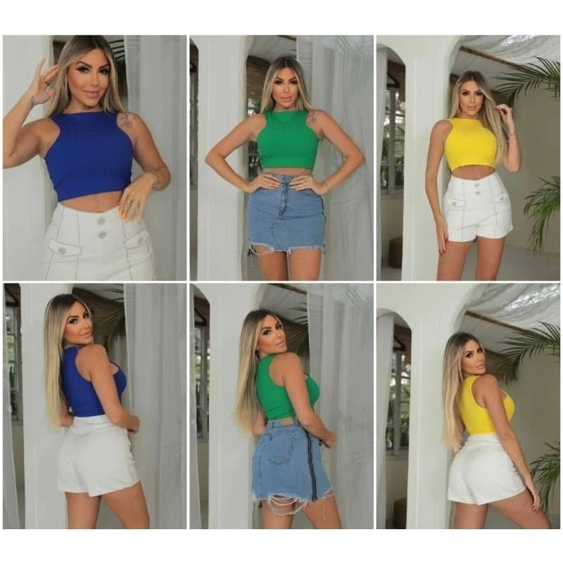 Cropped TOP Feminino Canelado Regata Nadador Duplo Frente Suplex Premium Sem Transparência 36 ao 42