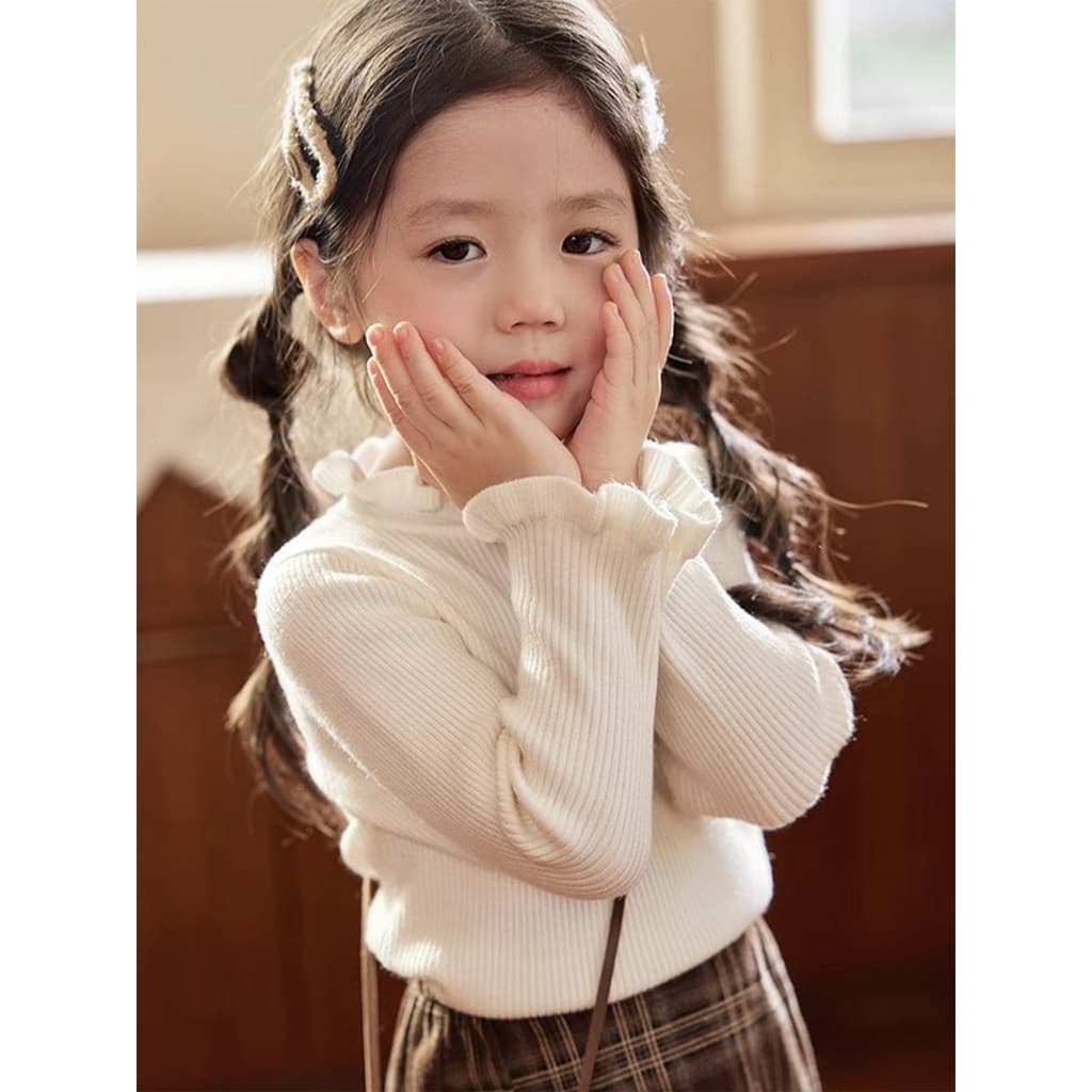 Meninas gola folha de lótus camisola forro de lã quente roupas de inverno novo estilo crianças estilo ocidental meia gol