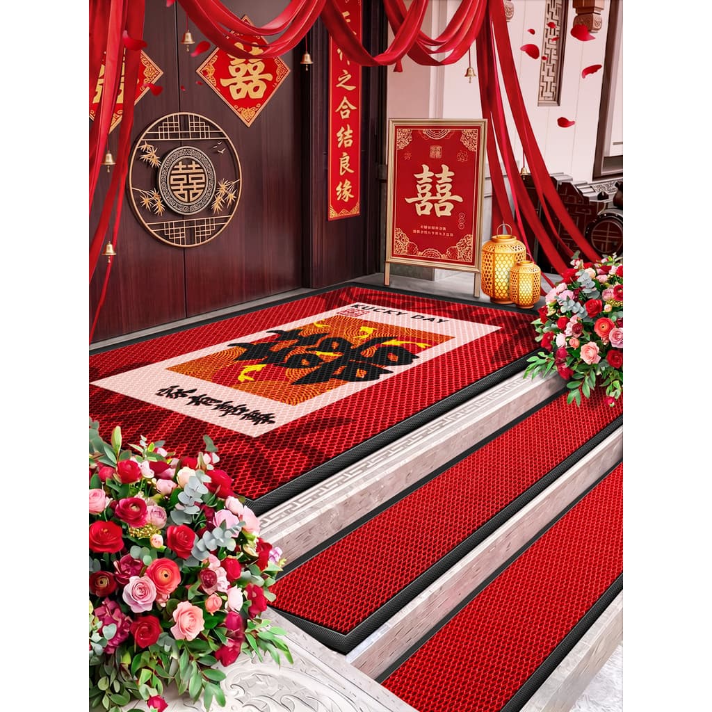[Casamento Nafu] tapete de entrada de casamento vermelho porta de entrada antiderrapante palavra feliz tapete de porta s