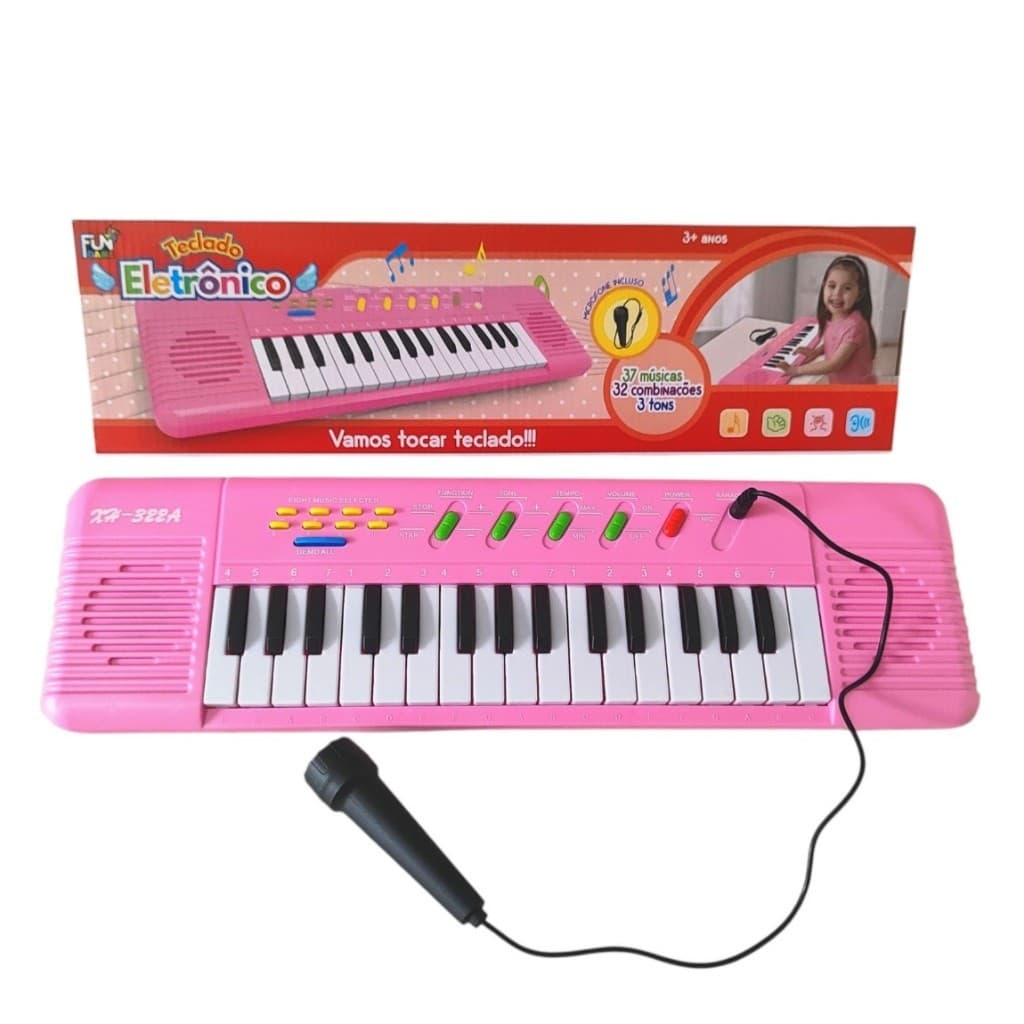 Teclado Infantil Karaokê Piano Musical com Microfone Vários Tipos de Sons para Crianças - Rosa