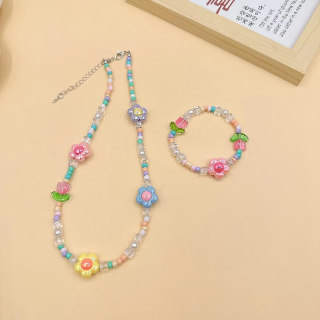 Conjunto de Colar e Pulseira de Cristal com Tulipa Pequena e Colorida, Acessórios de Moda Coreana