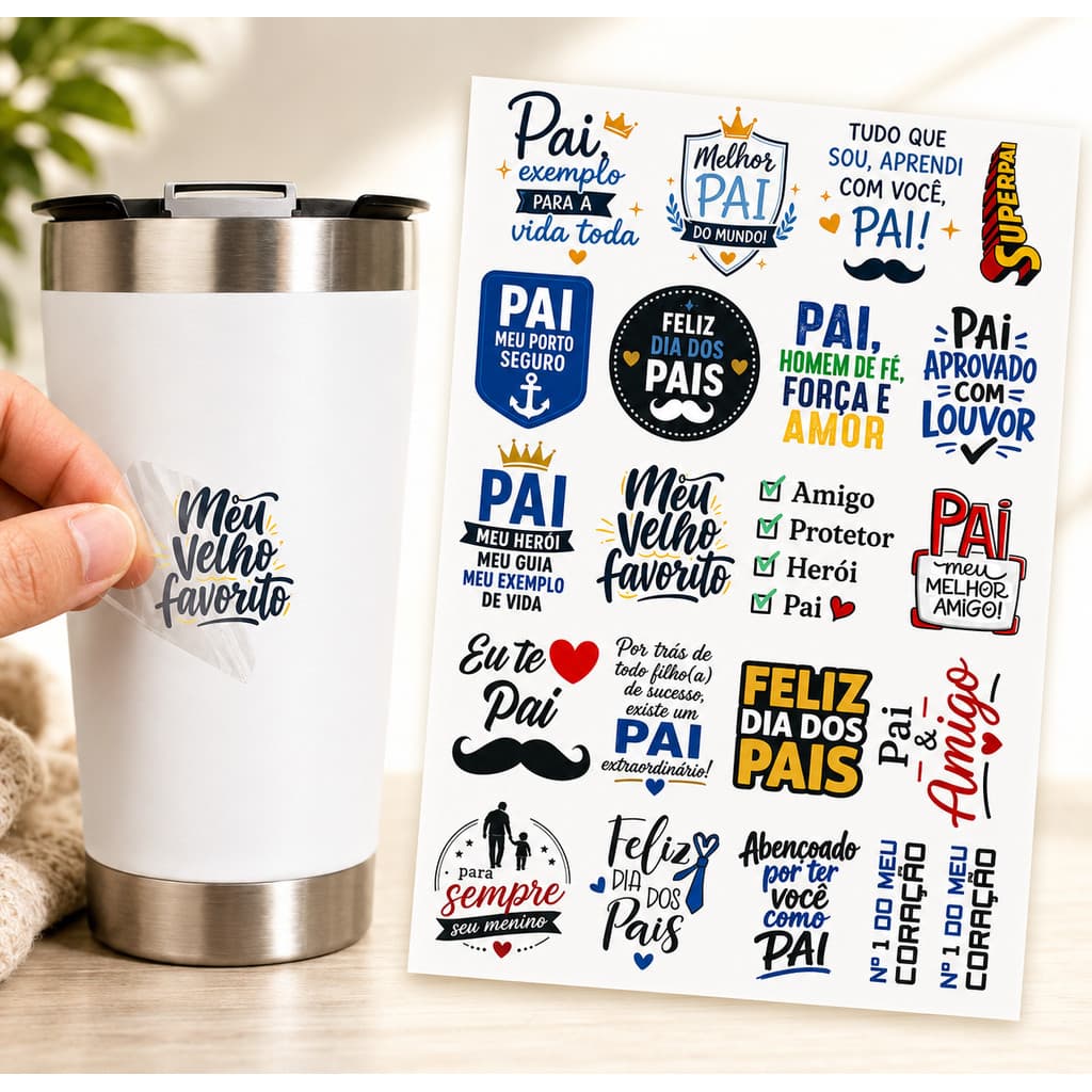 Cartela Adesivo DTF UV A4 - DIA DOS PAIS 8 - Para Personalizados, Lembrancinhas, Canecas, Copos, Garrafas e Presentes