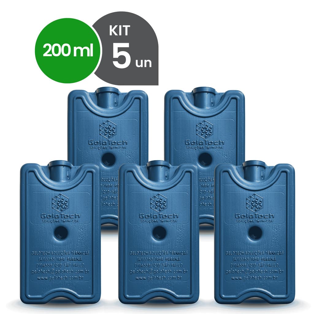 Kit 5 Gelo Reutilizável 200ml Até 8h Gelado Não Molha | GeloTech Rígido Gel Artificial Atóxico