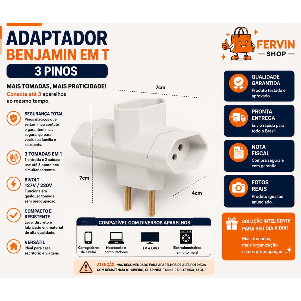KIT ADAPTADOR DE TOMADA BENJAMIM 2 PINOS 3 SAÍDAS PADRÃO T