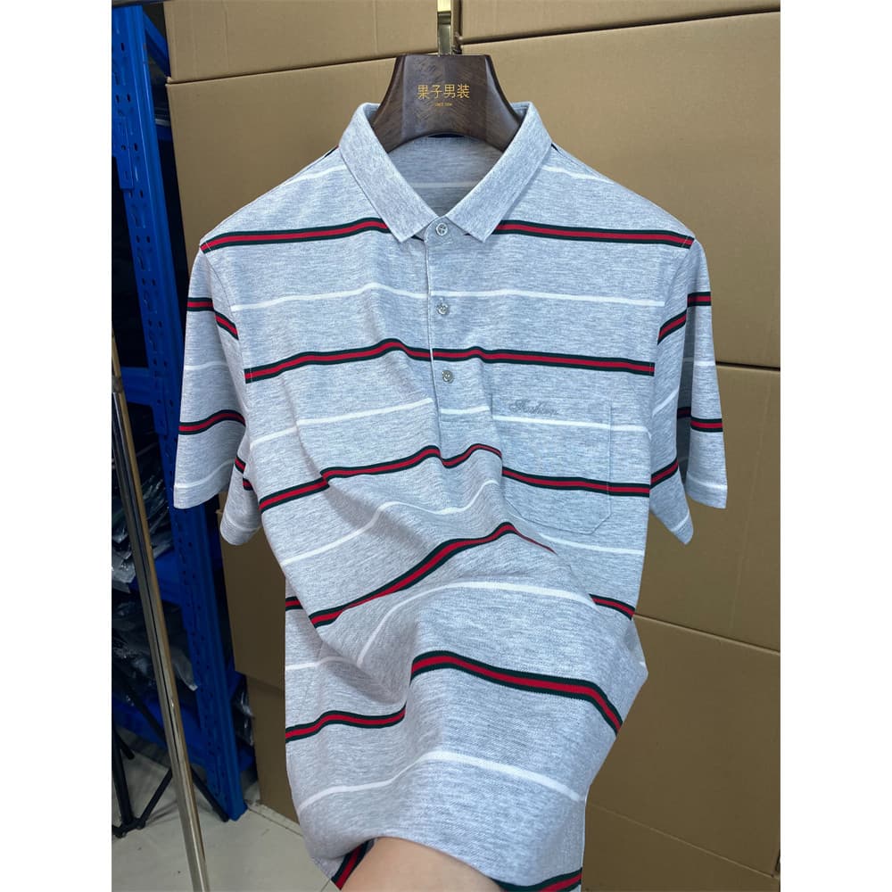 Clearing Stock ~Mature Business Casual Listrado Lapela Camisa POLO Meia-Idade Manga Curta Camiseta de Algodão Cinza Meia