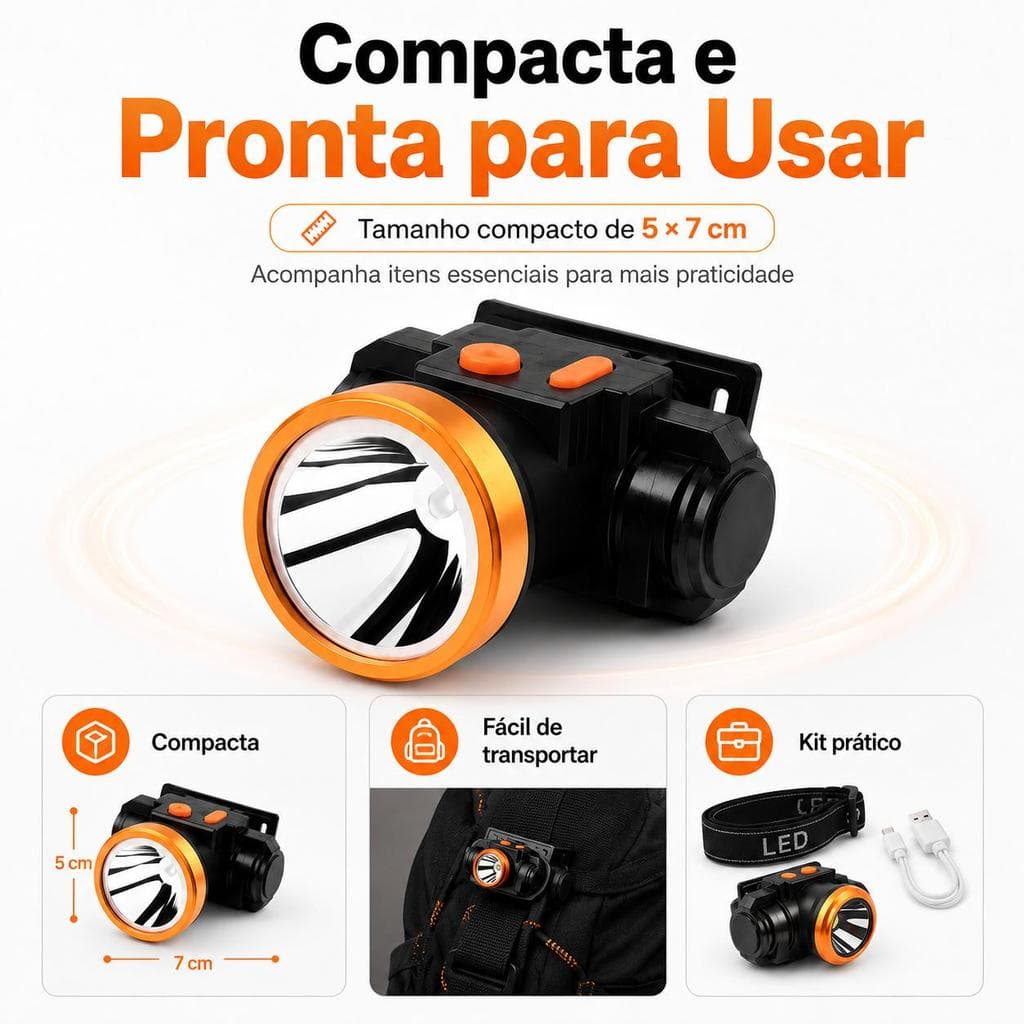Lanterna de Cabeça Recarregável LED, Alcance de até 300 m, Compacta 5×7 cm, com Indicador de Bateria, 2 Botões, Ideal pa