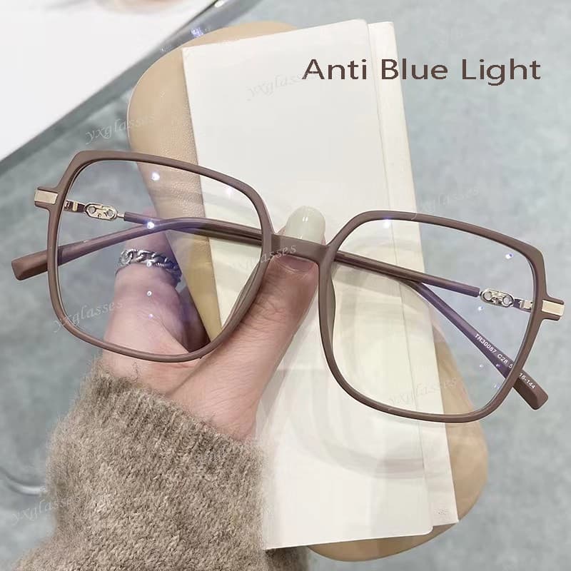 Óculos femininos de armação grande quadrada, cor marrom fosco, da marca COD Korean, com lentes que bloqueiam a luz azul,