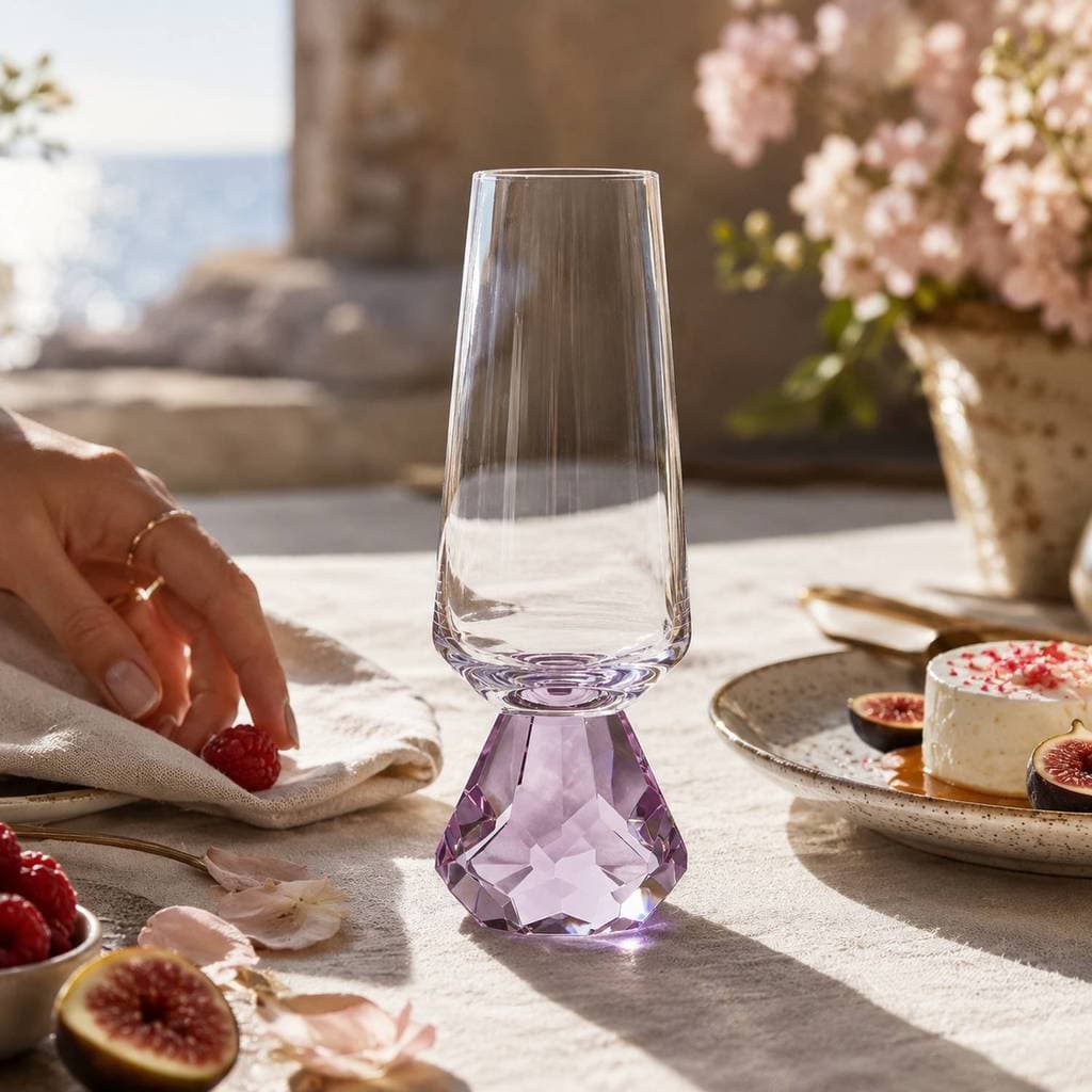 Taça Champagne de Vidro com Base Facetada Rosa