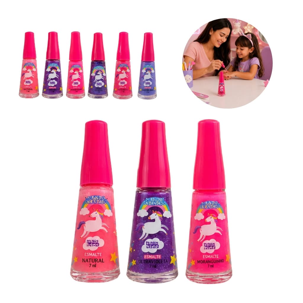 Kit 3 Esmaltes Unicórnio Infantil Safira Cores Coloridos Criança Unhas