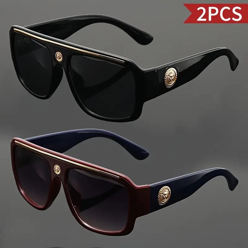 Óculos de Sol Quadrados Retro de 2 Peças Uni - Armações Leves de Policarbonato (PC) com Decoração de Metal, Acessórios M