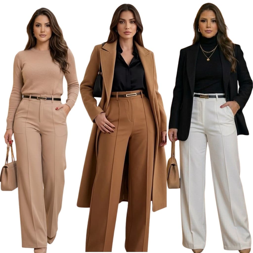 (KIT) 3 Acabamento Impecável: Pantalona Alfaiataria ZR com Cinto que Impressiona! NUDE e Preto