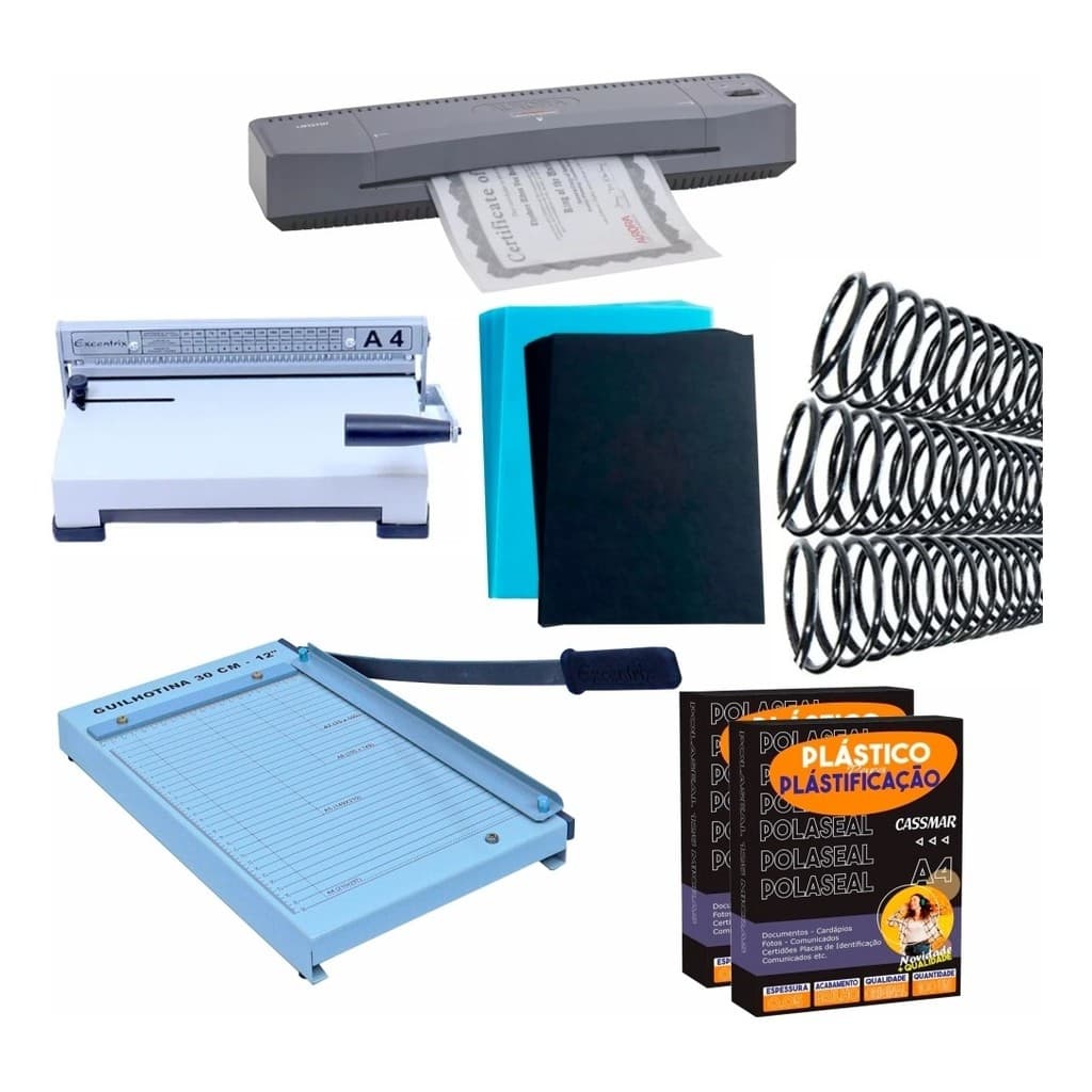 Kit Encadernadora, Guilhotina, Plastificadora, Insumos 110v
