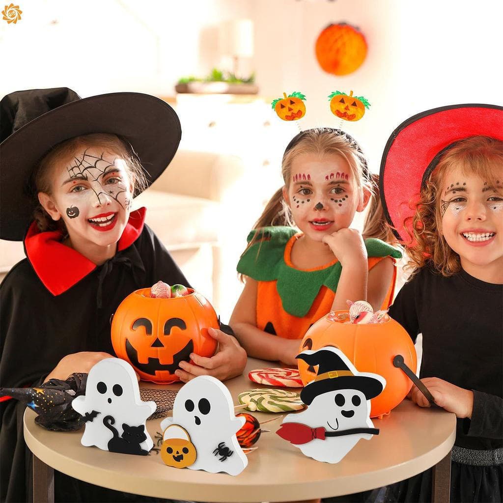 3 Pçs Bonito Fantasma Decorações De Halloween Gato Preto Morcego Bruxa Vassoura Sinais Blocos Abóbora Para Festa Casa Pr