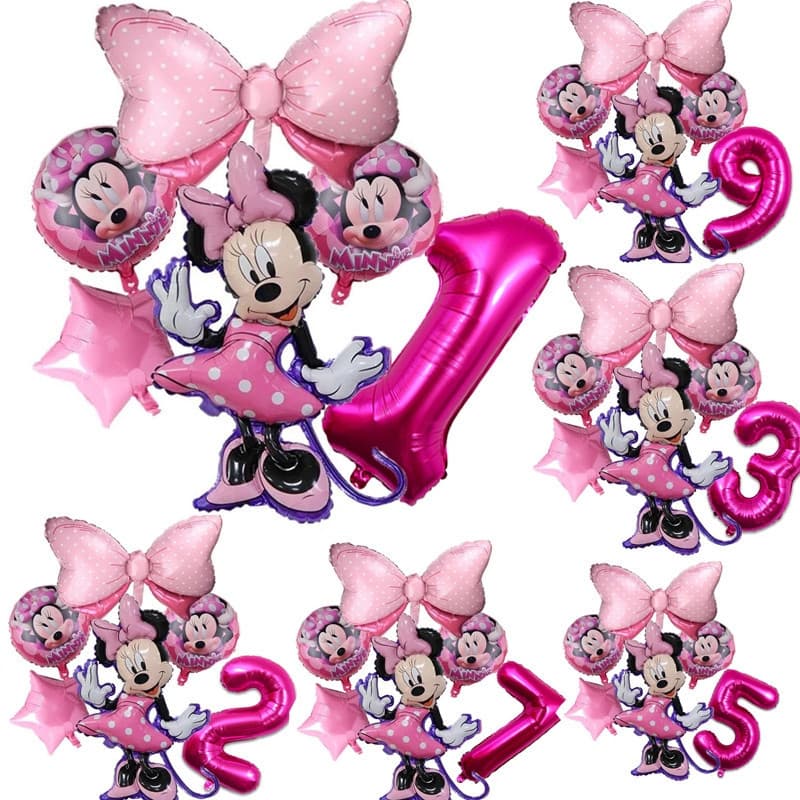 6 balões de folha rosa da Minnie Mouse, adequados para decorações de festas de aniversário para meninas de 1 a 9 anos, a