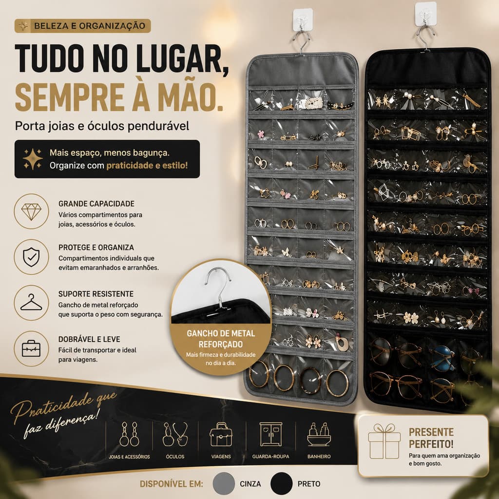 Porta Bijuterias 48 Bolsos Prático Alta Capacidade Armazenamento Compacto Para Quarto e Viagem