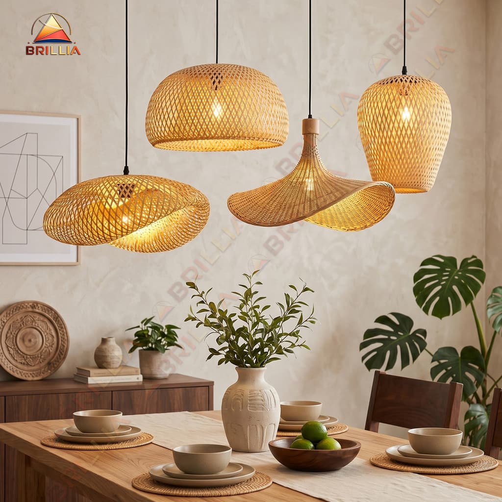Lustre Pendente de Rattan Bambu Artesanal Sala de Jantar Área Gourmet Decoração Boho Luxo 4 Modelos