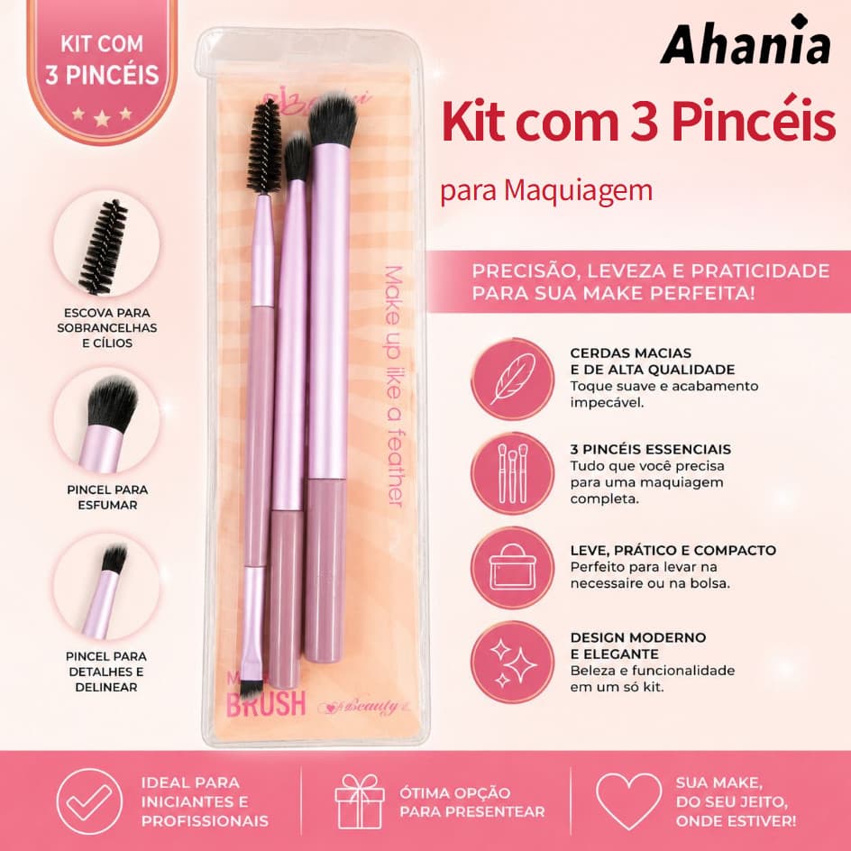 Kit de 3 Peças para Maquiagem, com 2 Pincéis para Esfumar, Detalhe e Delinear e Escova para Sobrancelha e Cílios