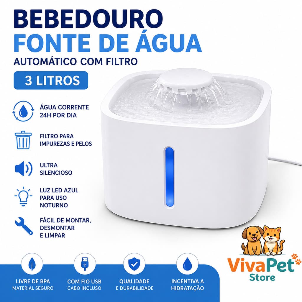 Bebedouro Fonte de Água Automático 3L para Gatos e Cachorros com Filtro USB Silencioso Luz LED Circulação Contínua