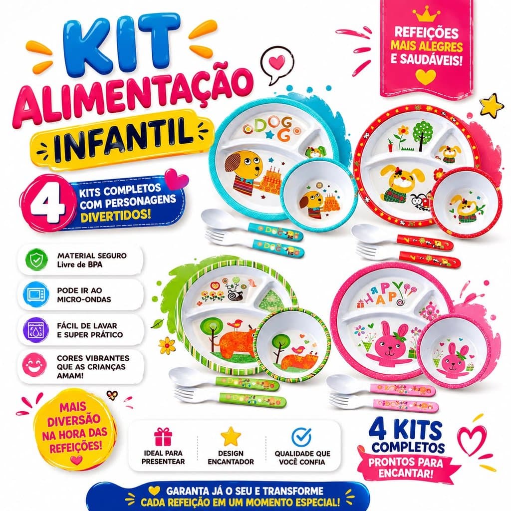 Kit Refeição Alimentação Infantil Papinha p/ Bebê Criança 4 Peças Prato c/ divisórias talheres
