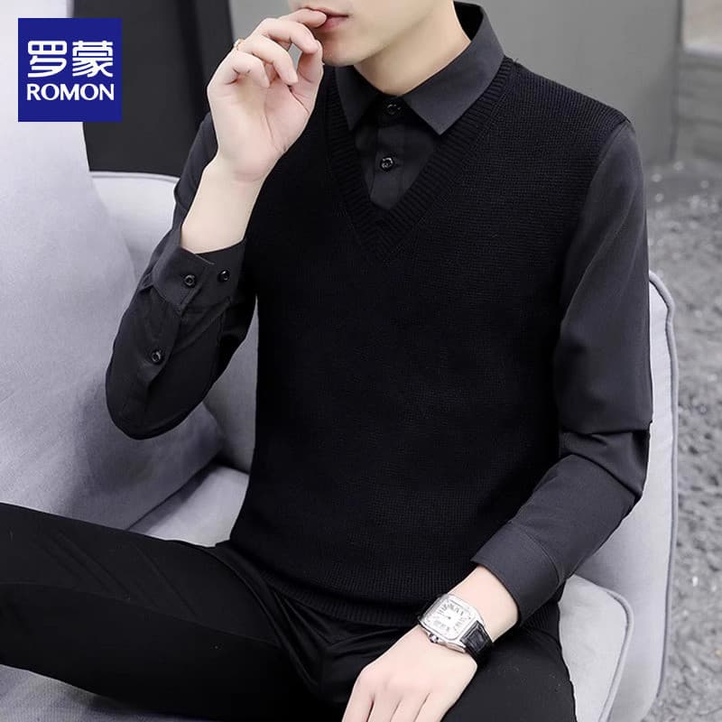 Lomon falso suéter de duas peças masculino na moda outono inverno Casual malhas High-End negócios Base interna camisa co