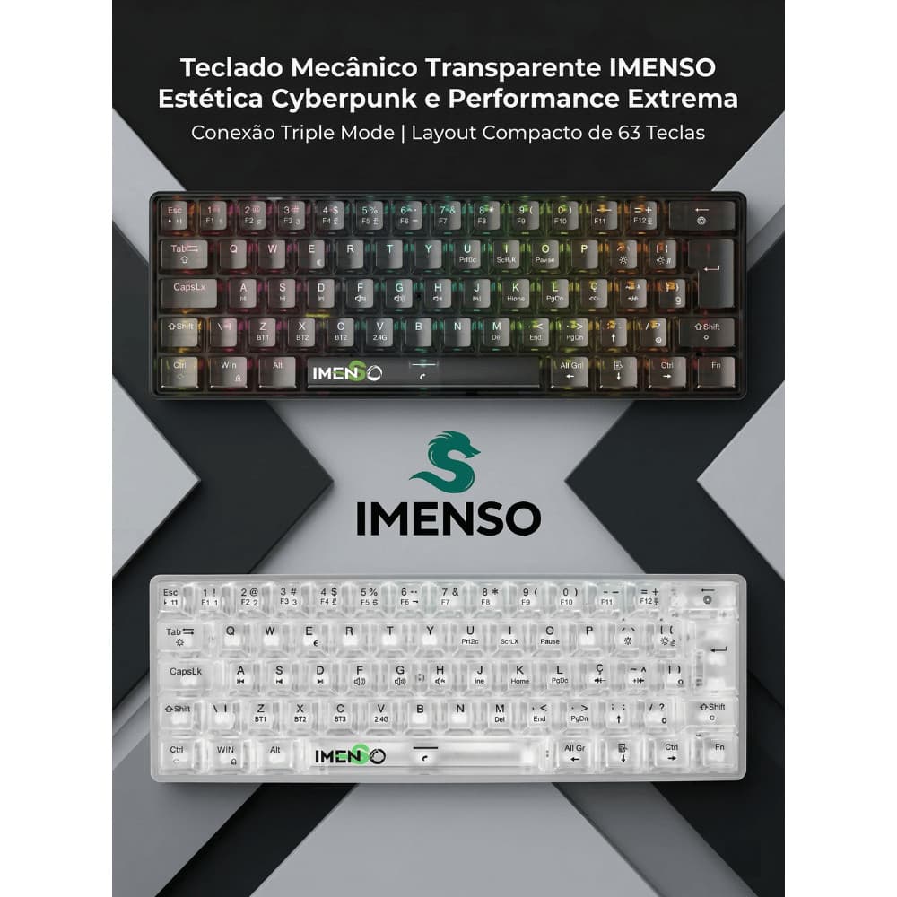 Teclado Mecânico Sem Fio IMENSO 63 Teclas | Tri-Modo, Gasket, Switch Cristal, RGB e Bateria 2000mAh