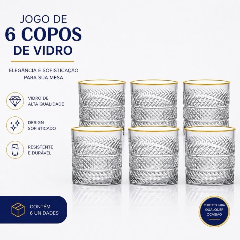 Jogo 6 Copo de Whisky Borda Dourada Rocks de Vidro Filete Dourado Bolonha 315ml