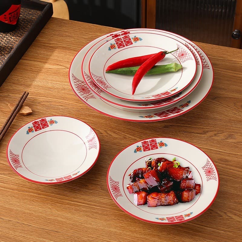 Talheres de cerâmica nostálgico dupla felicidade panela quente restaurante placa Xiangcai restaurante prato Retro restau