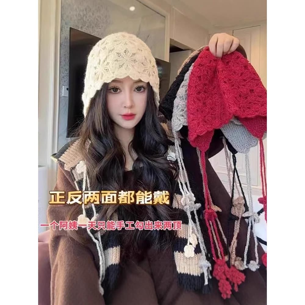 Chuanxi viagem flor borla chapéu de lã feminino 2026 outono inverno malha chapelaria proteção de orelha rosto pequeno pu