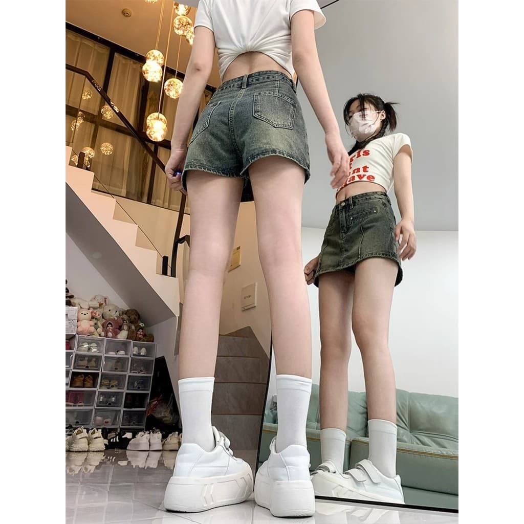 Pequeno Retro cintura alta Denim saia feminina primavera estilo fino gordura mm tamanho grande a linha Shorts americano