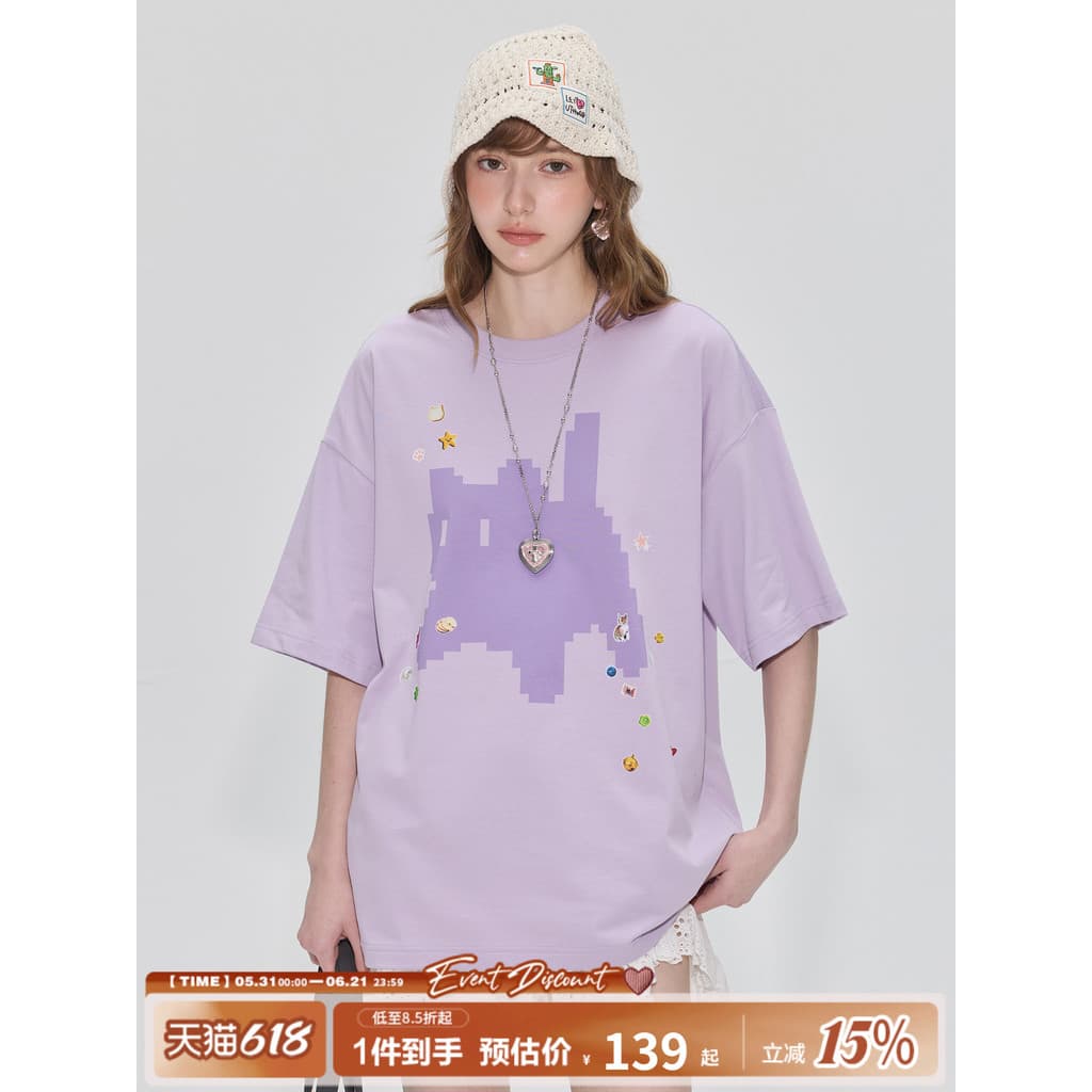 GUUUKA Dopamina Roxo Camiseta de Manga Curta Feminina Pixel Stormy Cat Meia Manga Top de Algodão Pesado Dro