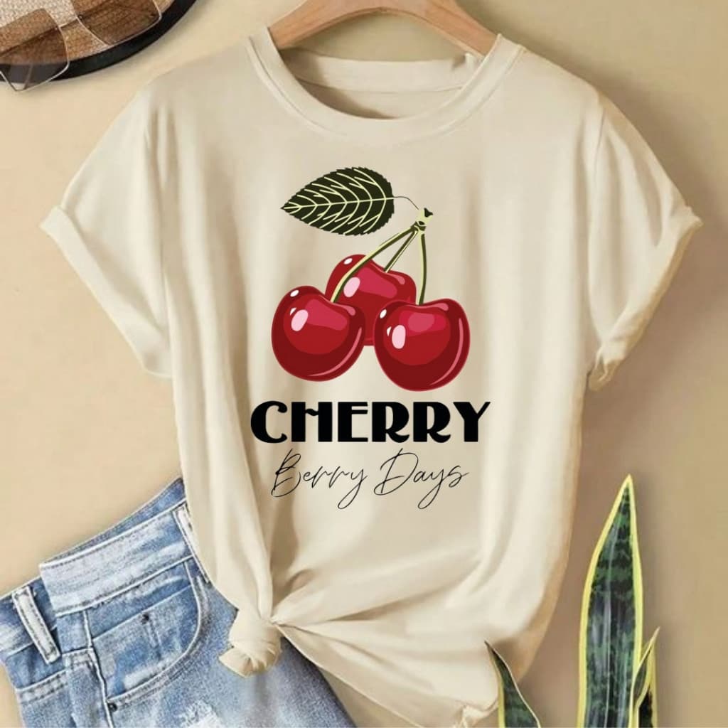 Camiseta Feminina Lançamento Estampada Cereja 100% algodão Blusa Algodão TrendBox Mania