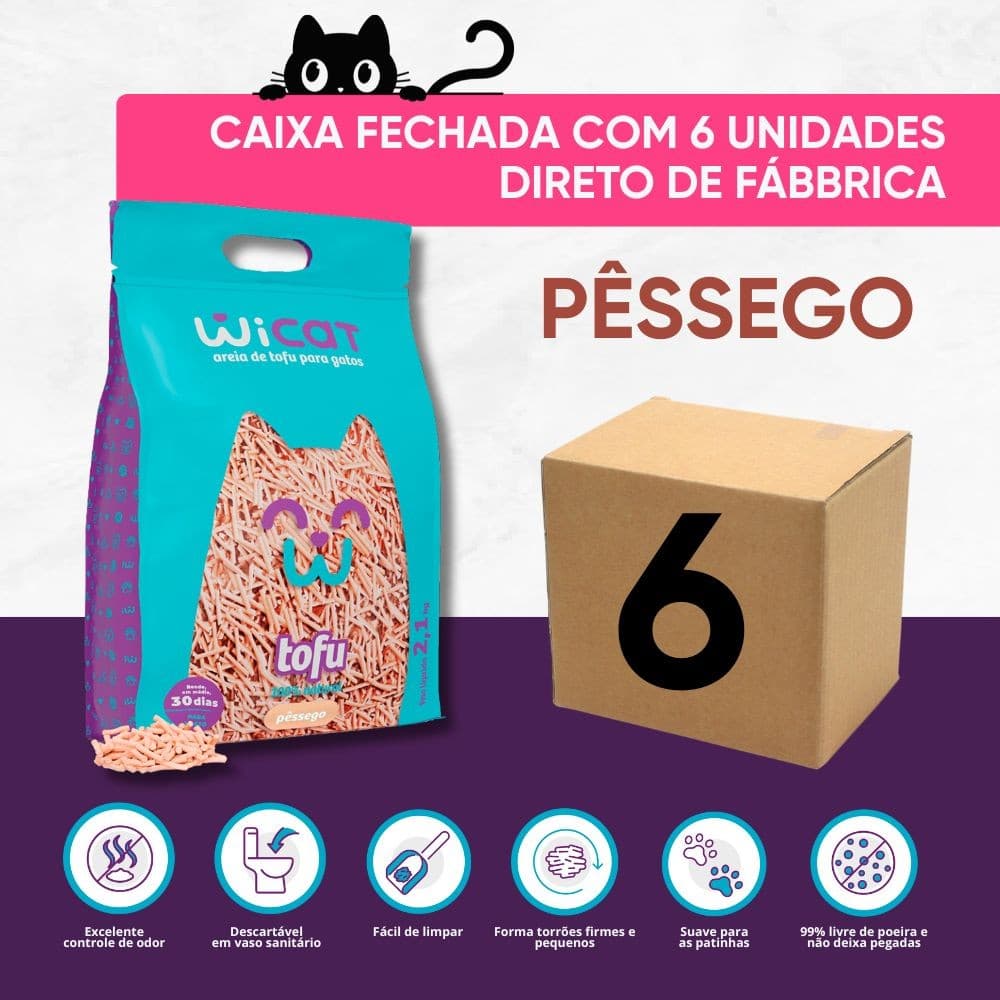 Kit 6 Areias Higienicas de Tofu Biodegradavel Wicat para Gato de Pessego 2.1Kg