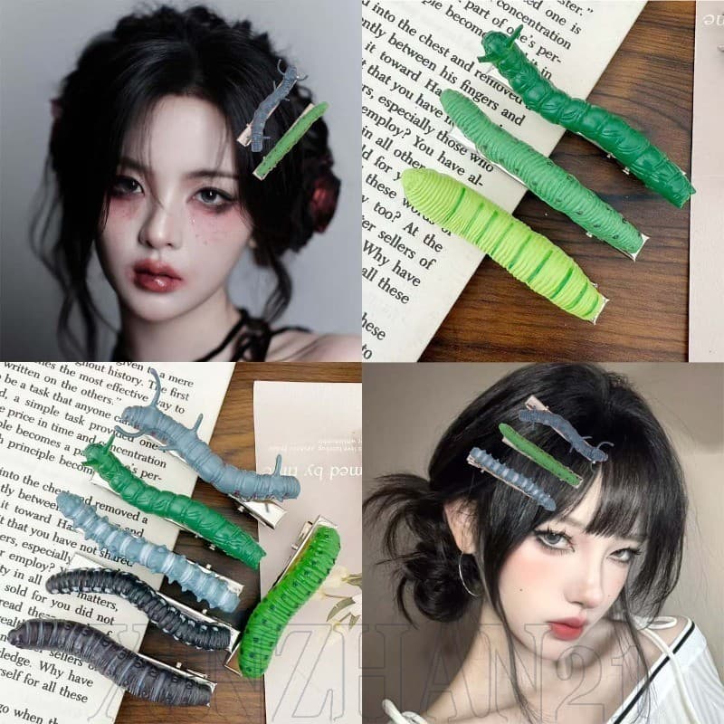 Grampos De Cabelo Caterpillar De Simulação-Grampo De Inseto De Rastreamento Verde De Plástico-Acessórios Halloween-Para