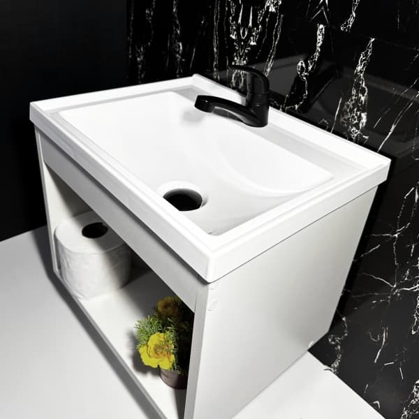 Kit Gabinete Banheiro Pia 40cm com Torneira Preta + Válvula Click Preta + Sifão e Engate para Lavatório