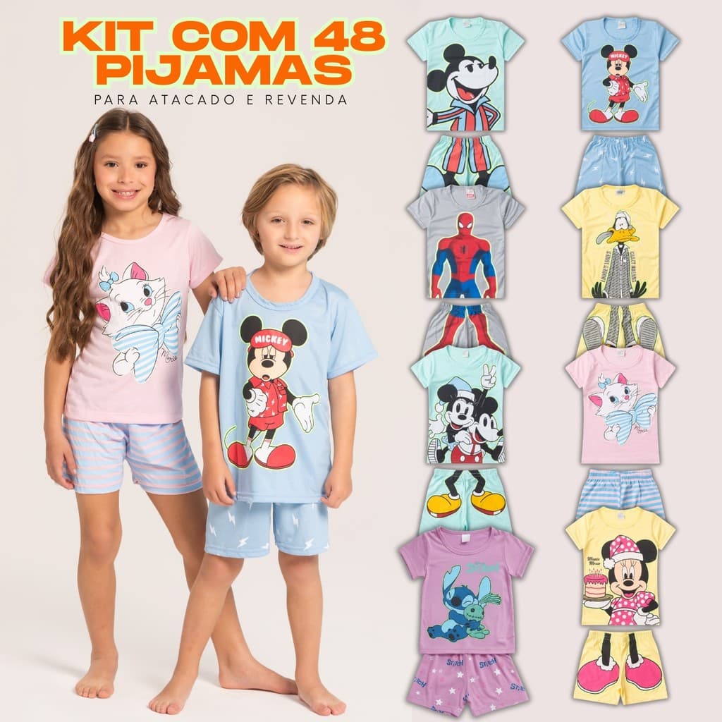Kit 48 Conjuntos Pijama Brilha no Escuro Personagens Menina e Menino Infantil Para Atacado Revenda