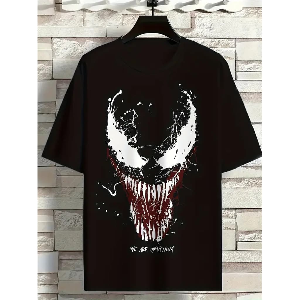 Camiseta premium 100% algodão preta unissex, estampa arte Venom splatter com frase We Are Venom