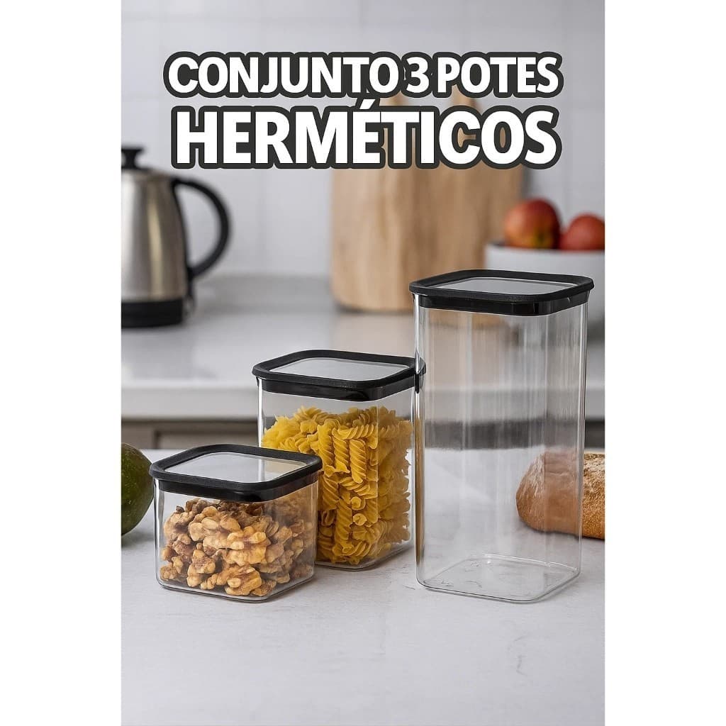 Potes conjunto 3 hermeticos plastico tampa vedacao mantimentos alimentos organizadores cozinha