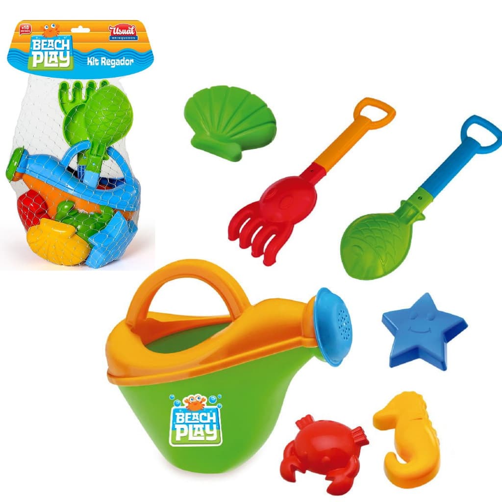 Baudinho de Praia Infantil Beach Play com Regador, Pá, Rastelo e Forminhas Educativo