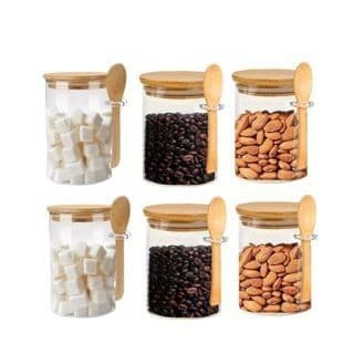 Kit 6 Potes De Vidro Redondo Tampa Bambu Hermético Colher 200ml pote hermetico vidro colher bambu