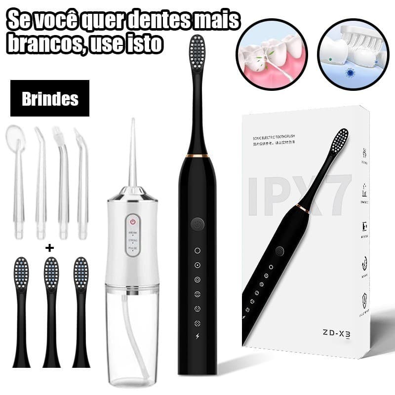 Dental 2 em 1 Recarregável – Irrigador Bucal + Escova Elétrica Profissional Portátil