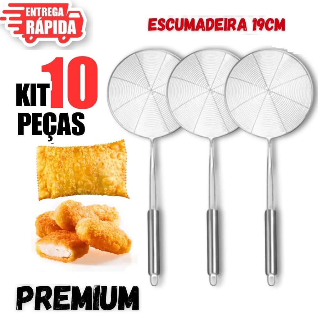 Escumadeira Para Fritura em Aço Inox De Pastel Batata Salgado Peneira Resistente Para Cozinha 19CM