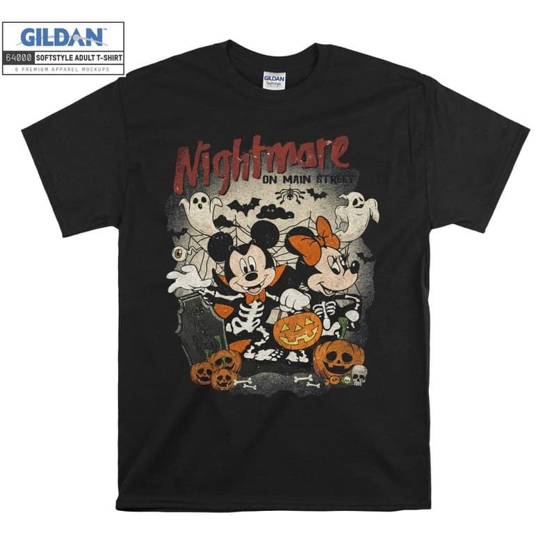Camiseta Feminina Casual E Moderna De Algodão Com Estampa De Halloween Do Mickey E Da Minnie "Nightmare On Main Street".