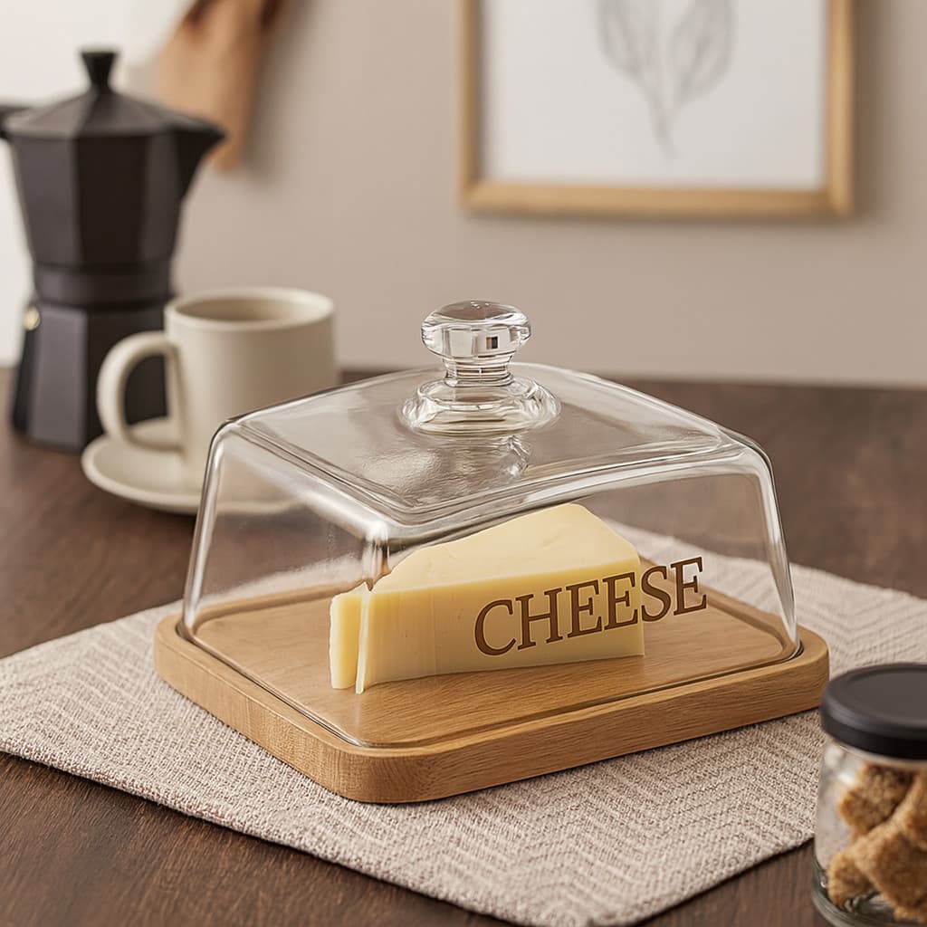 Queijeira de Vidro Porta Queijo Com Base em Bambu Linha Basic - Wolff