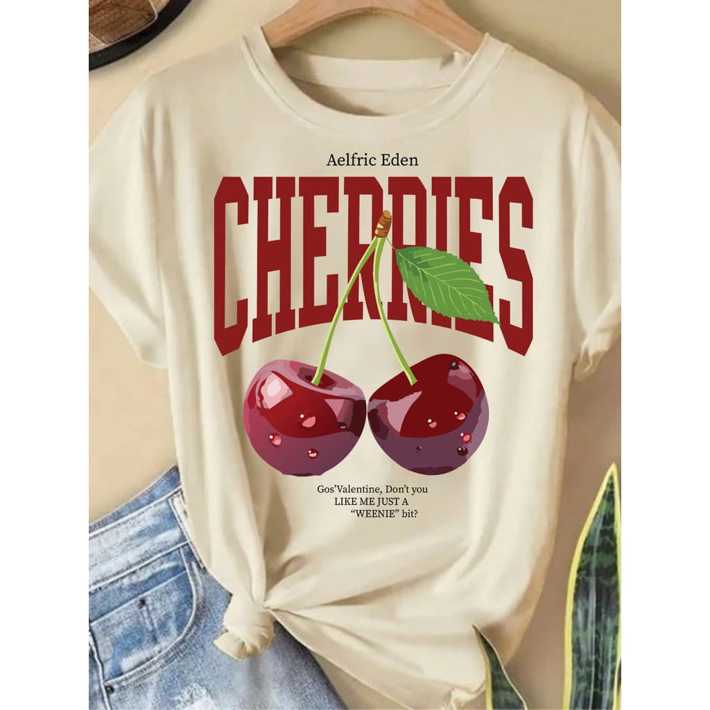 Camiseta Lançamento 100% Algodão Estampada CHERRYS Cereja Blusa Larga Lançamento 2025