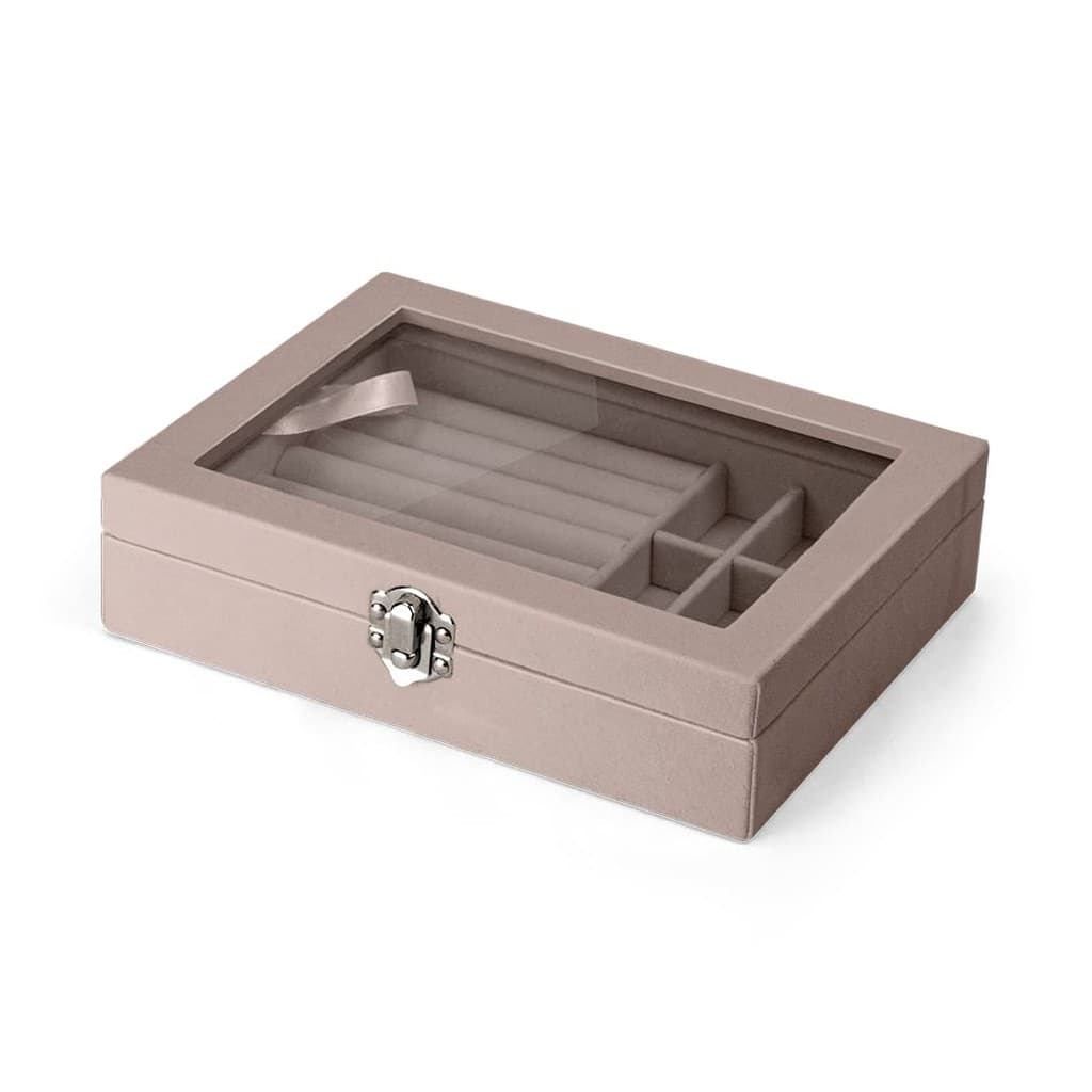 KIT 3 PORTA JOIAS CINZA VELUDO TAMPA DE VIDRO TRANSPARENTE E MDF