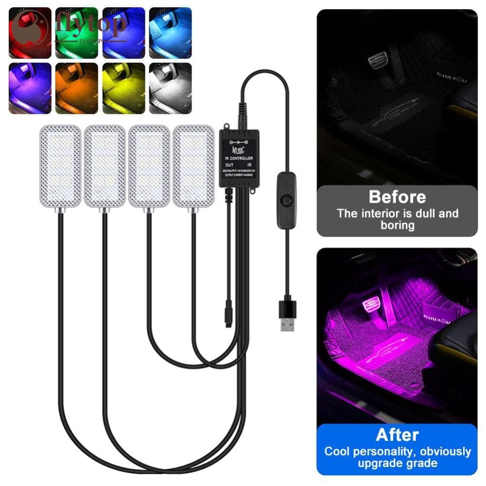 FLYTOP 4 Pçs/Set 12V 5V USB LED Atmosfera Interior Do Carro Backlight Ambiente Humor Pé Luz Decorativa APP Lâmpada De Co