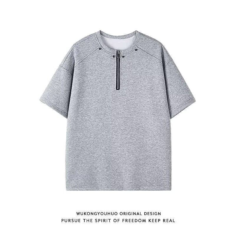 Camisa masculina de meia manga com fundo de rua alta, rebites da moda, camiseta pesada, estilo americano
