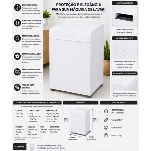 Capa Protetora Maquina Lavar Roupa Branca P Abertura Superior Lavaável proteção poeira sujeira