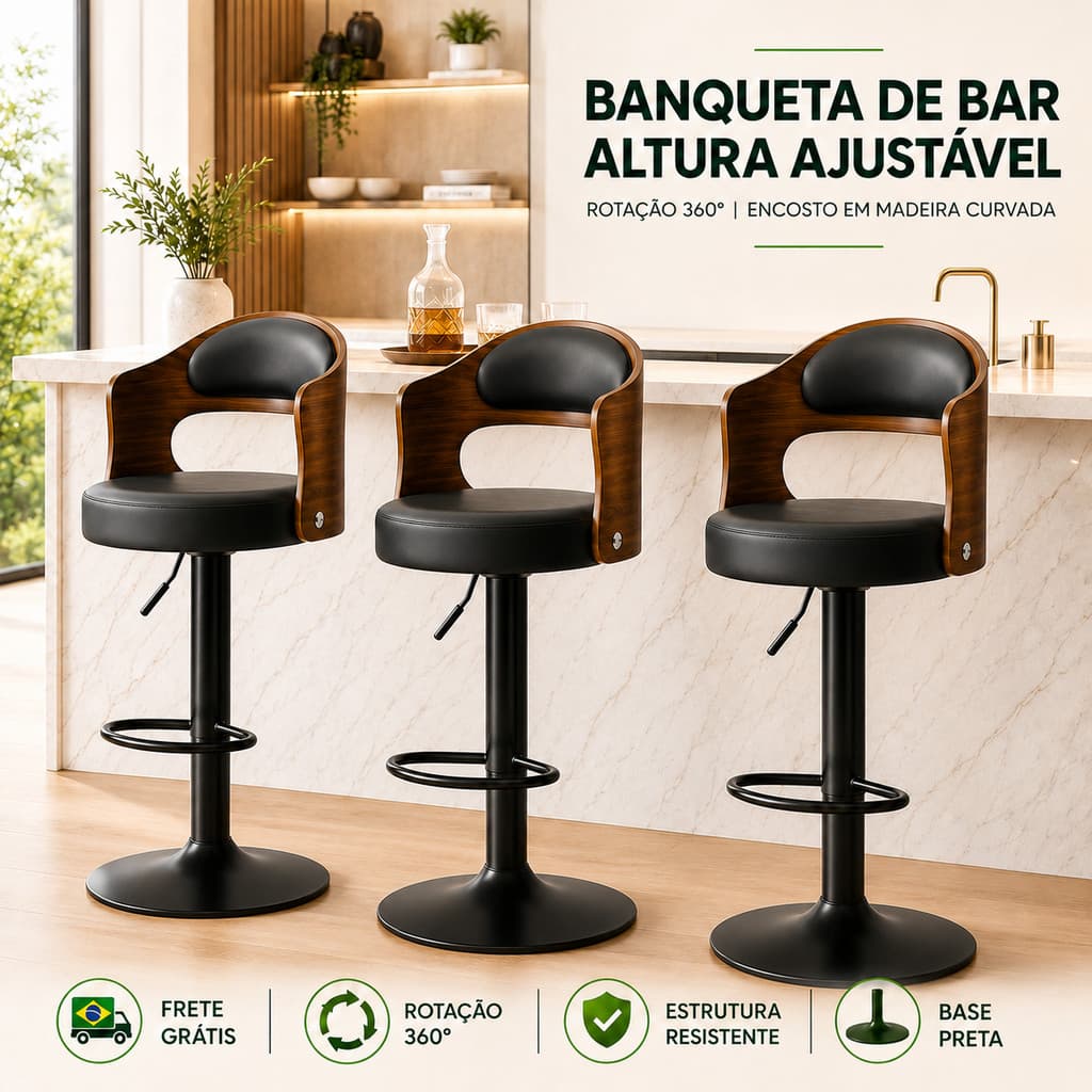 Banco De Bar Ajustável Giro 360°, Encosto Madeira, Assento Couro, Base Metálica Para Cozinha E Bancada